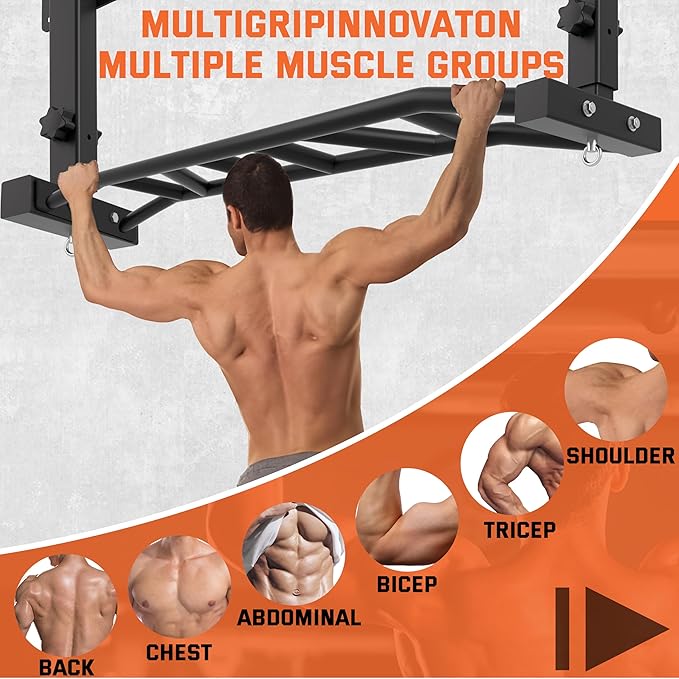 48" Joist Mounted Pull Up Bar, Multi-Grip Ceiling Mount Chin Up Bar for Garage, Basement, Beam, Rafter, Truss Easy installation, Heavy Duty, Adjustable Height, Cross Training Strength Building