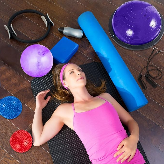 Honoson Half Ball Trainer Yoga Ball with Resistant Band Foot Pump Set, Half Exercise with Fitness Elastic Belt Hedgehog Balance Pods for Core Stability Full Body Workout Gym