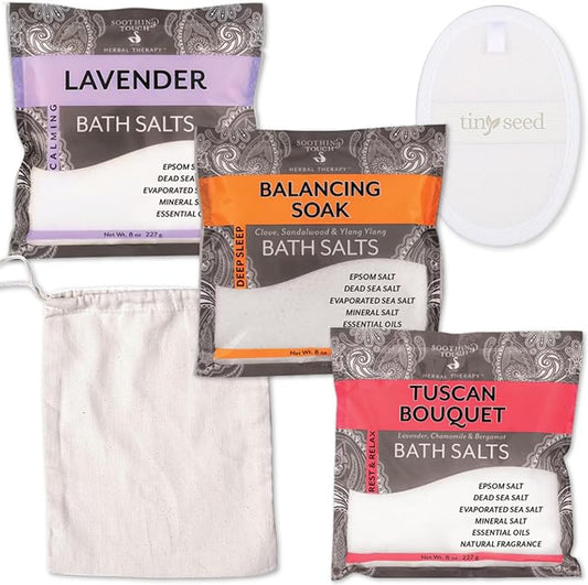 3-Pack Aromatherapy Bath Salts Gift Set. Variety Pack of Soothing Touch Bath Salts: Lavender, Tuscan Bouquet, Balancing Soak (8 oz Each). Bundle Includes Cotton Pouch and Loofah Exfoliating Pad