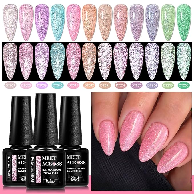 MEET ACROSS Gel Polish Reflective Glitter Gel Nail Polish Set, 12 Colors Holographic Sparkle Glitter Gel, Flash Diamond Gold Red Purple Green UV LED Soak Off Manicure Kit Gift for Women Girls