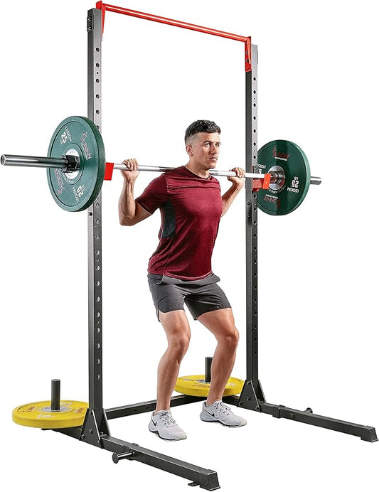 Sunny Health & Fitness Power Cage and Squat Rack In High Weight Capacity with J-Hooks, Adjustable Pull Up Bar, Weight Plate Holders, Resistance Band Posts