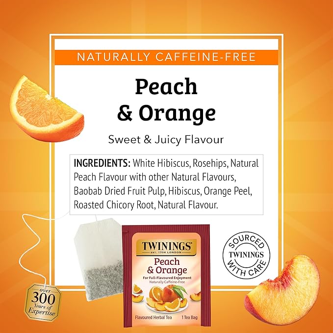 Twinings Peach & Orange Herbal Tea Individually Wrapped Bags, 20 Count (Pack of 6), Juicy & Fruity, Naturally Caffeine-Free, Enjoy Hot or Iced, 120 Teabags