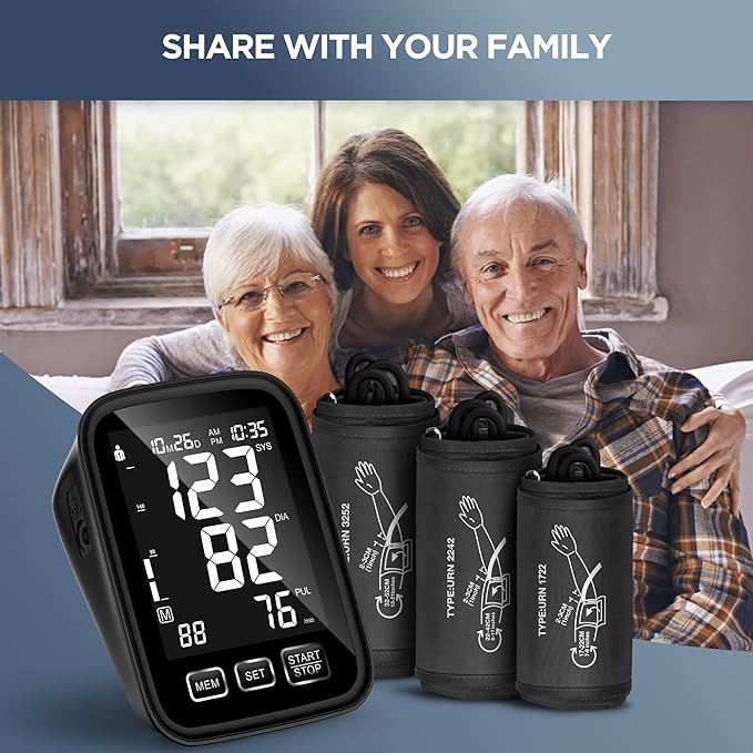 Blood Pressure Machine for Home Use - 3 Size Cuffs, Small 7"-9", Medium/Large 9"-17" and XL Extra Large 13"-21", Accurate Digital Automatic Upper Arm BP Monitor, Large Backlit Display, 3-User Mode