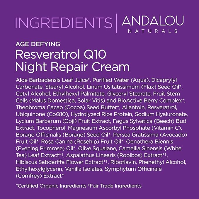 Andalou Naturals Age Defying Resveratrol Q10 Night Repair Cream - Anti-Wrinkle Moisturizer to Hydrate & Smooth - CoQ10 & Resveratrol for Dry Skin - 1.7 oz