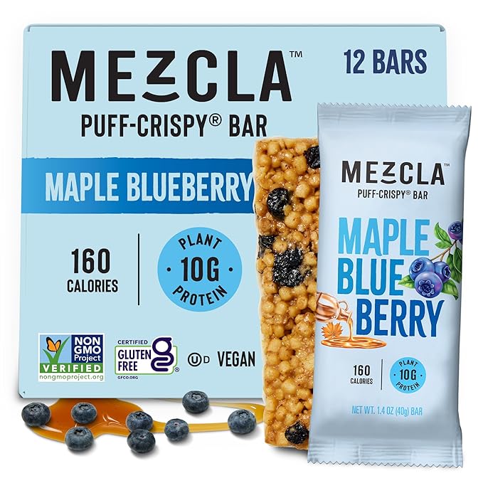 Mezcla Puff Crispy Protein Bars, Gluten Free & Vegan Protein Bars, 10g Protein, Alt for Crispy Rice Treat, Granola Bars & Breakfast Bars, Healthy Snacks for Adults, Maple Blueberry, 12 Pack