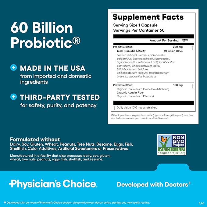 Physician's CHOICE Probiotics 60 Billion CFU - 10 Strains + Organic Prebiotics - Immune, Digestive & Gut Health - Supports Occasional Constipation, Diarrhea, Gas & Bloating - for Women & Men - 60ct