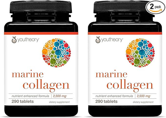 Youtheory Marine Collagen - 2,500 mg Hydrolyzed Collagen - Supports Skin* - Fish-Sourced Collagen - with Vitamin C, A, C, E, B6, B12 & More - Highly Digestible and Absorbable - 290 Tablets (Pack of 2)