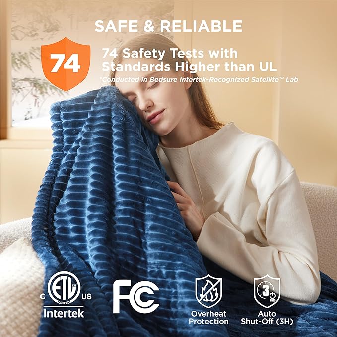 Bedsure GentleSoft Heated Blanket Electric Throw - Soft Ribbed Flannel Electric Blanket, Heating with 4 Time Settings, 6 Heat Settings, and 3 hrs Timer Auto Shut Off, Gifts for Grandma (50"x60", Navy)
