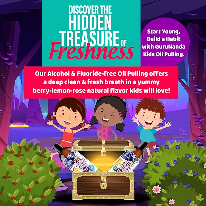 GuruNanda Kids Oral Care Regimen Kit with Toothpaste, Butter On Gums Toothbrush, Oil Pulling Mouthwash, Giraffe Floss Picks, Water Flosser & Tongue Scrapers