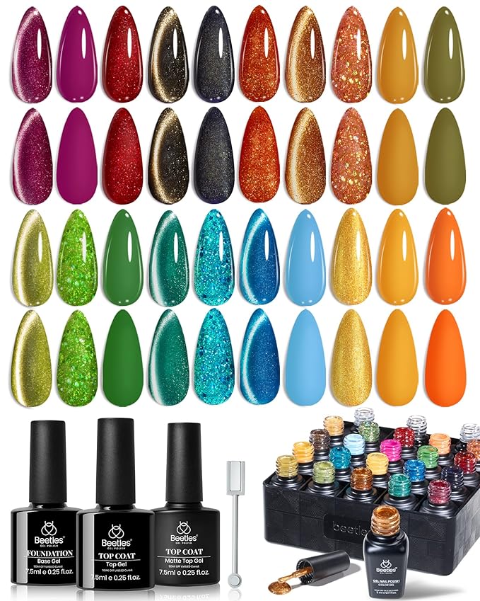 Beetles Fall Gel Nail Polish Set – Glint Crush 20 Colors Cat Eye Gel Polish, Glitter Yellow Orange Green Red Colors with Base Glossy Mattle Top Coat Soak Off UV LED Manicure Kit for DIY Salon