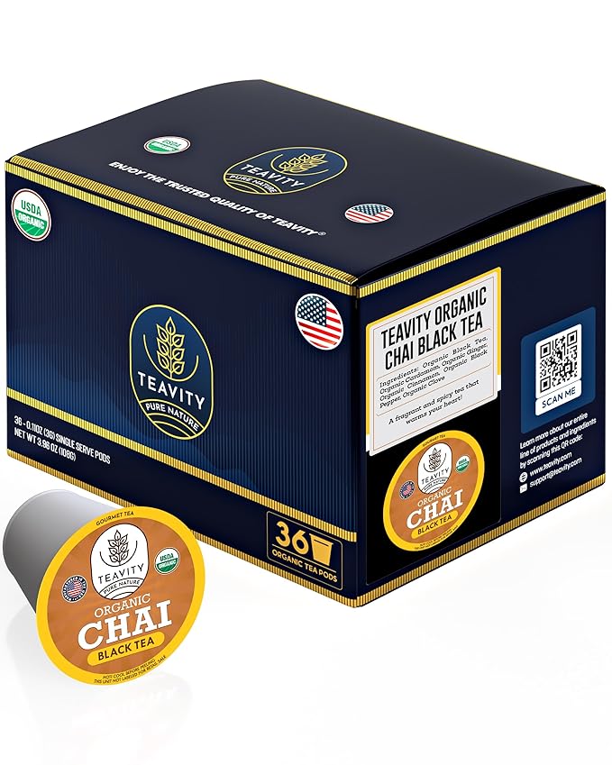 Organic Chai Black Tea Pods for Keurig Naturally Caffeinated by Teavity (36 Tea Pods)
