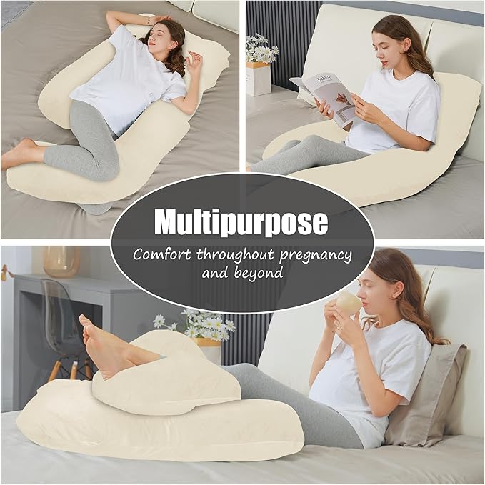 HIPHOP PANDA U-Shaped Pregnancy Pillow for Sleeping - Full Body Maternity Support Pillow with Cooling Removable Cover - Comfort for Back, HIPS, Legs, Belly - 57 Inch for Pregnant Women, Ivory