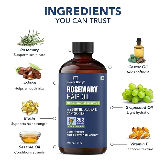 Botanic Hearth 100% Pure Rosemary Oil For Hair Growth Infused With Biotin, Jojoba & Castor Oil | Hair Oil Repairs Dry Damaged Hair, Strengthening, Healthier - Hair Tonic, 2.0 fl oz