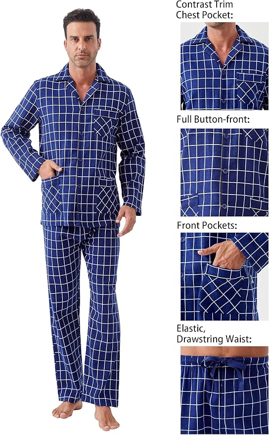 GLOBAL Men's Pajamas Sets 100% Cotton Flannel Sleepwear Long-Sleeve top & Bottom