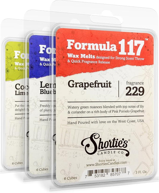 Shortie's CANDLE CO. Fruit&Berry Wax Melts Variety Pack-Formula 117-Coconut Lime Verbena, Grapefruit, Lemon Blueberry-3 Highly Scented 3 Oz. Bars-Made With Natural Oils-Fruit&Berry Warmer Wax Cubes