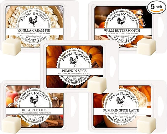 Farm Raised Candles – Pumpkin Wax Melts Variety 1 LB Bundle (16 oz) - USA Made - 5 Packs – Vanilla Cream Pie, Apple Cider, Fall Scented Candles – Fresh from The Farm - Soy Wax Melts Fall scents