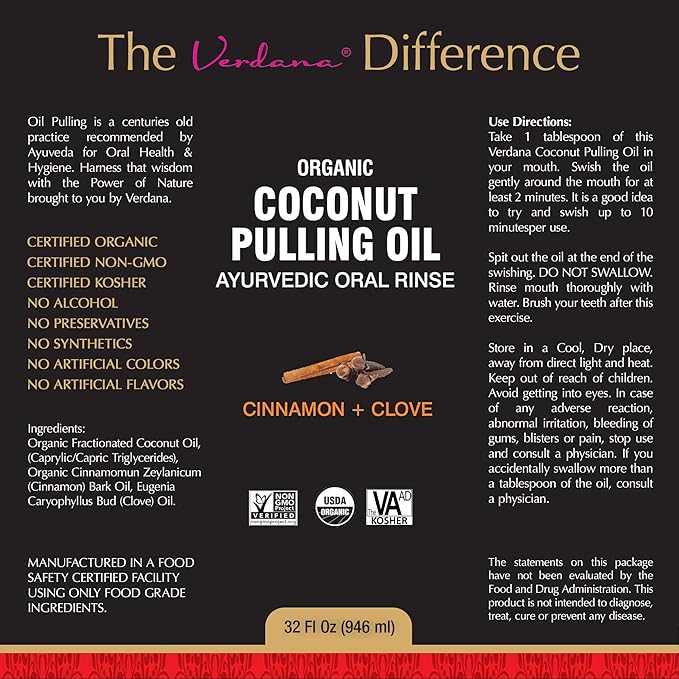 Verdana Organic Oil Pulling Mouthwash – 32 oz Cinnamon & Clove – USDA Organic Coconut Oil Rinse for Teeth & Gums – Alcohol-Free, Fluoride-Free Natural Mouthwash for Fresh Breath & Gum Health