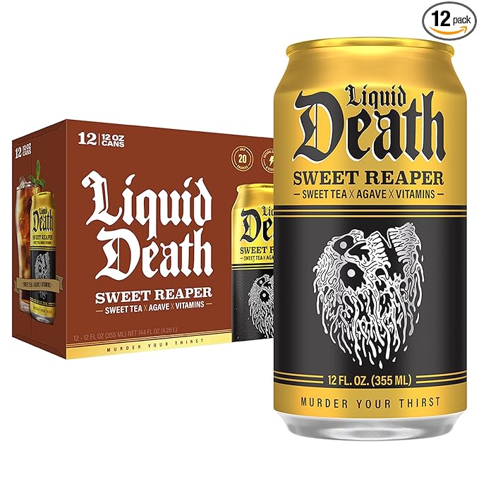 Liquid Death, Sweet Reaper Iced Tea, 12-Pack (12 oz Cans), Southern Style Sweet Tea, Low Calorie, No Artificial Sweeteners, B12 & B6 Vitamins