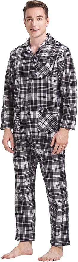 GLOBAL Men's Pajamas Sets 100% Cotton Flannel Sleepwear Long-Sleeve top & Bottom