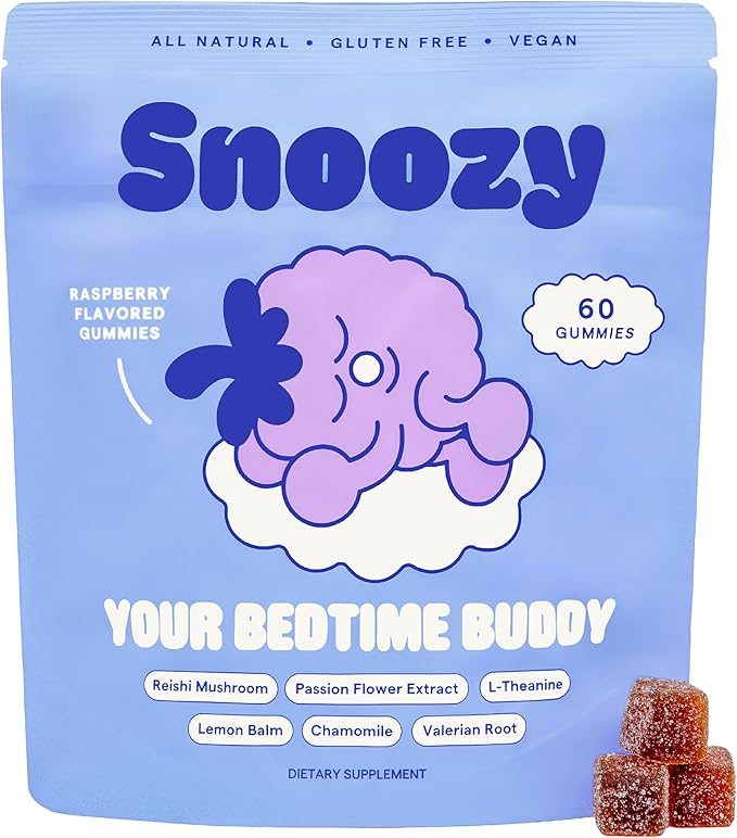 Snoozy Bedtime Buddy, Reishi Mushroom Sleep Gummies | Chamomile, Valerian Root, Lemon Balm Extract | Natural Sleep Aid, Melatonin Free | Raspberry Flavored, 60 Gummies, 1 Pack
