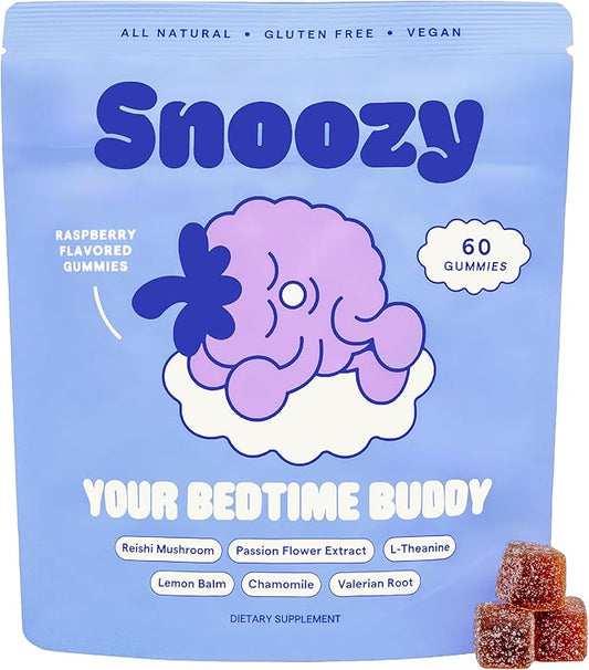 Snoozy Bedtime Buddy, Reishi Mushroom Sleep Gummies | Chamomile, Valerian Root, Lemon Balm Extract | Natural Sleep Aid, Melatonin Free | Raspberry Flavored, 60 Gummies, 1 Pack