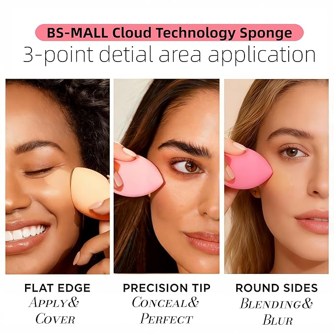 Makeup Sponge Set BS-MALL with Storage Case 7 Pcs for Liquid, Cream, and Powder,SAVE Foundation with 1 Mini Makeup Sponge For Travel Daily Use (A-Pink）