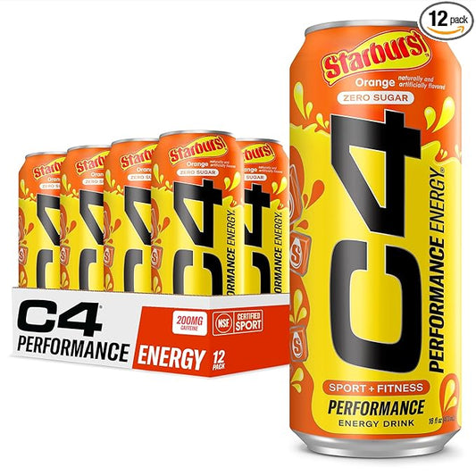 Cellucor C4 Performance Energy Drink | STARBURST Orange | Zero Sugar Carbonated Preworkout Energy | 200mg Caffeine with Beta Alanine | 16 Fl Oz (12 Pack)