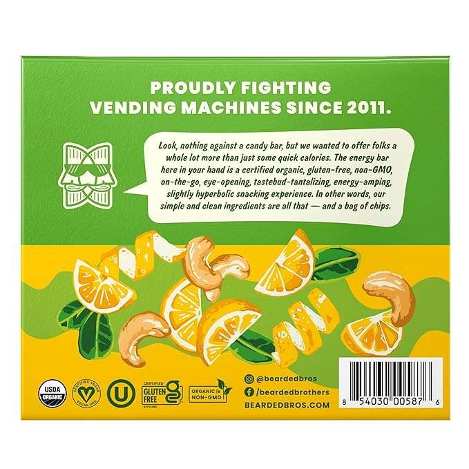 Bearded Brothers Vegan Organic Food Bar - Lemon Cashew, 12 Pack, Gluten Free, Paleo, Fiber, Whole 30 | Non GMO Low Glycemic Snacks (Packaging May Vary)