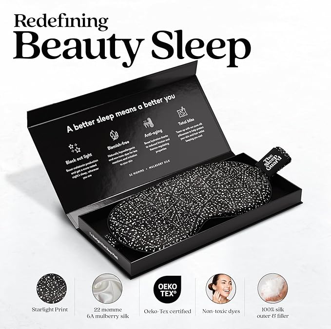TheSleepGuard Pure Silk Sleep Mask [100% 6A Mulberry Silk, 22 Momme] Light Blocking Travel Essentials. Eye Masks for Sleeping. Black Oeko-Tex Blindfold. Eye Covers for Men & Women