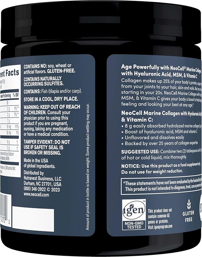 Neocell Marine Collagen with Hyaluronic Acid, MSM and Vitamin C, Keto Collagen Supplements, for Skin Care and Joint Health, Unflavored, Powder, 7 oz, 1 Canister