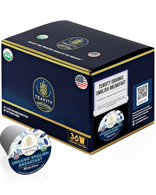 Organic English Breakfast Tea Pods for Keurig - Naturally Caffeinated Unsweetened Black Tea Pods by Teavity (36 Tea Pods)