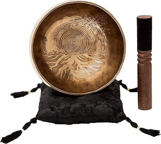 Ancient Design Large Tibetan Singing Bowl Set by Ohm Store — Relaxing Meditation Sound Bowl and Wooden Mallet Handcrafted in Nepal — Tree of Life Singing Bowl 6.7 Inch
