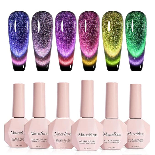 MelodySusie 9D Chameleon Cat Eye Gel Nail Polish Set 6 PCS, 15ml 0.5 Fl Oz Red Rosy Pink Glitter Holographic Magnetic Nail Polish with Magnet, UV Nail Polish for Nail Art Manicure Salon DIY at Home