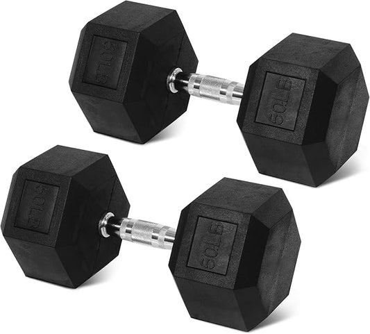 Rubber Encased Hex Weights Dumbbells Set of 5 – 50 lb Pair | Cast Iron Hand Weights with Anti-Slip Grip for Home Gym Strength Training