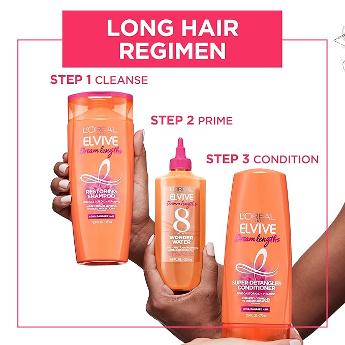 L'Oreal Paris Elvive Dream Lengths Restoring Shampoo With Fine Castor Oil and Vitamins B3 and B5 for Long, Damaged Hair, Visibly Repairs Damage Without Weighdown With System, 28 Fl Ounce (Pack of 2)