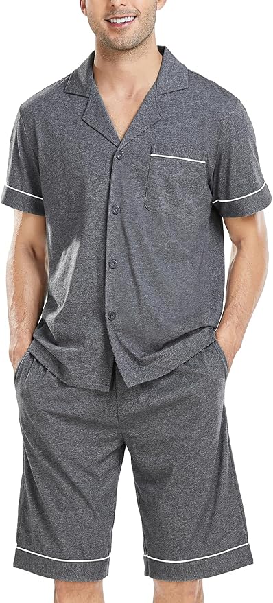 COLORFULLEAF Men's 100% Cotton Short Sleeve Pajama Sets Button Down Notched Collar Sleepwear Soft Lounge Pjs with Pockets