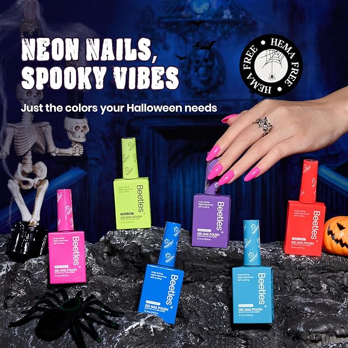 Beetles Halloween Gel Nail Polish Set with Mini LED Nail Lamp Purple Red Green Yellow Gel Polish with Base Top Coat Nail Art Brushes Salon DIY Gift Basket for Women