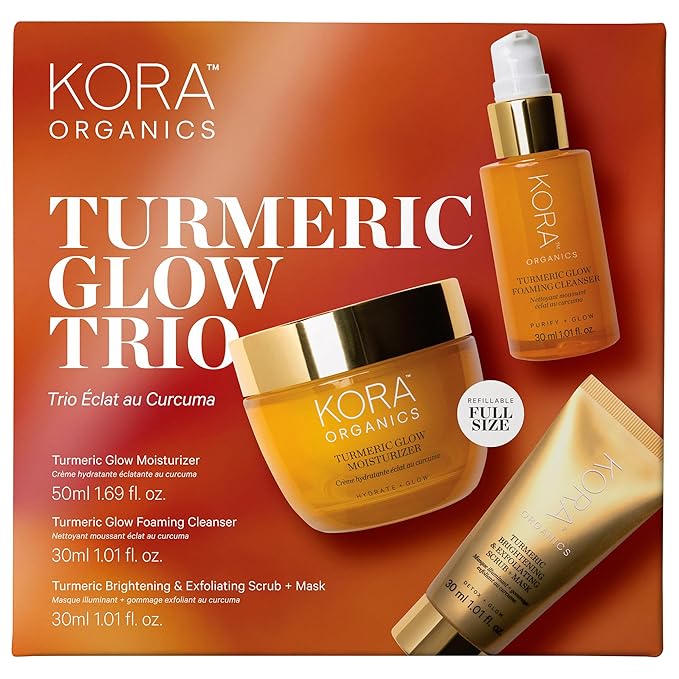 KORA Organics Turmeric Glow Brightening Trio, Gift Set with Turmeric Glow Moisturizer, Exfoliating Mask and Foaming Cleanser (3 Items)