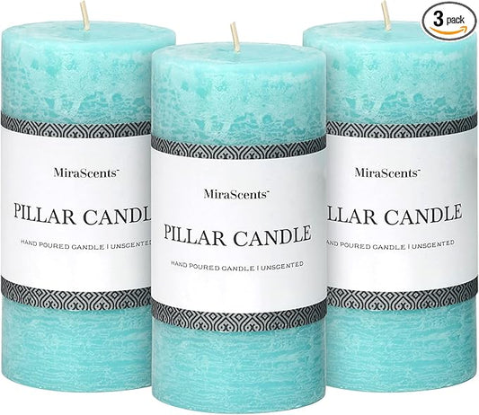 3x6 Inch Turquoise Pillar Candles Set of 3 - Unscented Candles, Long Clean Burning, Large Big Candles, Smokeless Dripless Pillar Candles for Dinner Table, Wedding, Home, Bathroom, Rustic Decor