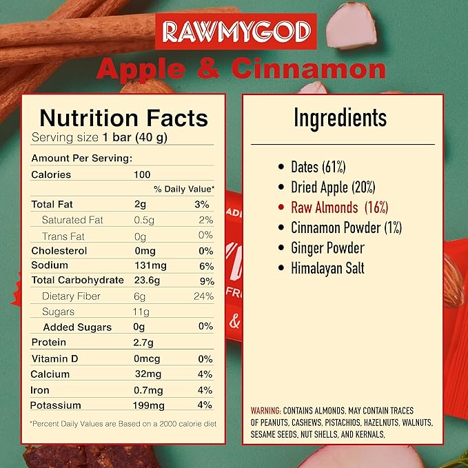RAWMYGOD Fruit and Nut Bars, Gluten Free, Vegan, No Added Sugar (16 bars, Apple & Cinnamon)