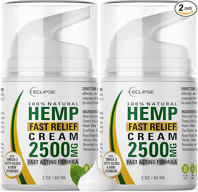 Hemp Cream by Eclipse - Non-Greasy, Targeted Long-Lasting Relief - Natural Hemp Extract Cream - Made in USA - 2 Pack