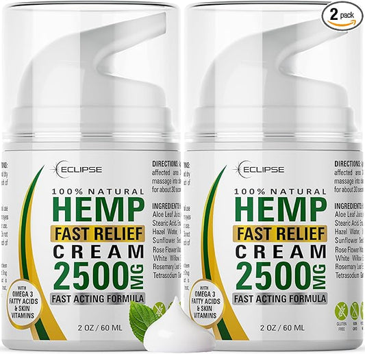 Hemp Cream by Eclipse - Non-Greasy, Targeted Long-Lasting Relief - Natural Hemp Extract Cream - Made in USA - 2 Pack