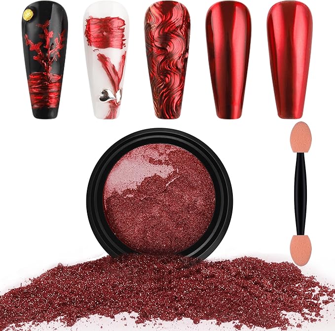 Artdone Chrome Nail Powder,Red Iridescent Aurora Powder Metallic Mirror Effect Pigment Pearlescent Mermaid Pigment Pearl Glitter Dust Kit, Nail Art Decoration, Resin Craft