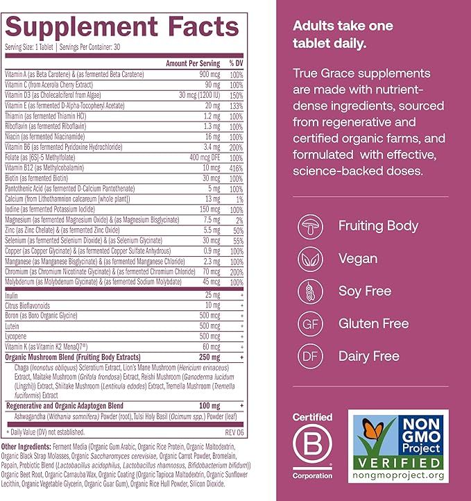 True Grace One Daily Women’s Multivitamin 40+ Fermented Minerals, Organic Adaptogens & Mushrooms Energy, Immune, Bone Support - Non-GMO - Iron, Gluten & Soy Free - 30 Vegan Tablets