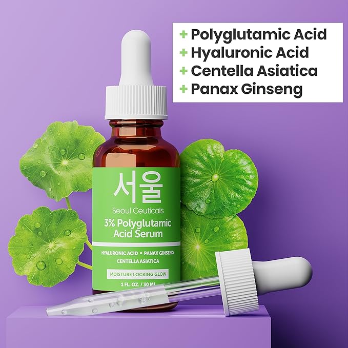 SeoulCeuticals Organic Polyglutamic Acid Serum - Korean Skin Care + Hyaluronic Acid + Centella Asiatica - K Beauty Anti Aging - Healthy Glowing Skin 1oz