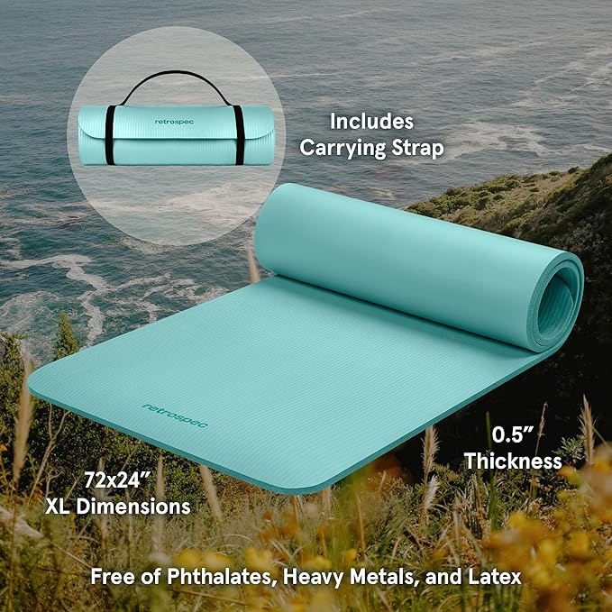 Retrospec Solana Yoga Mat 1/2" Thick w/Nylon Strap for Men & Women - Non Slip Exercise Mat for Yoga, Pilates, Stretching, Floor & Fitness Workouts