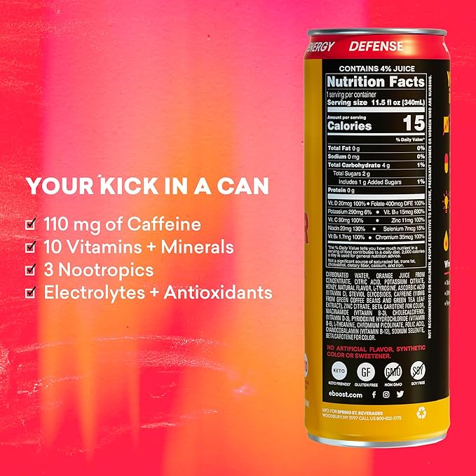 EBOOST Super Fuel Healthy Energy Drink - Caffeine from Natural & Clean Ingredients For Focus and Productivity -Taurine Free Pre-Workout With Electrolytes, Nootropic & Vitamins - Orange Mango, 12 Pack