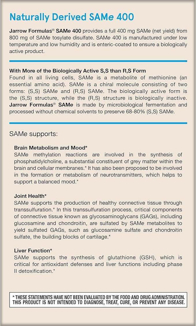 Jarrow Formulas® Same 400 mg, Supports Joint Health, Liver Function, Brain Metabolism, 30 Tablets, Up to a 30 Day Supply
