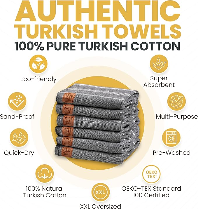 Gold CASE LYCIA Turkish Beach Towel Set of 6 – 100% Cotton Turkish Beach Towels Bulk 70 x 38'' – LYCIA Oversized, Quick Dry & Sand Free Beach Towel – Lightweight Towels Set in Black