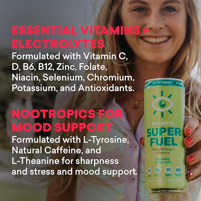 EBOOST Super Fuel Healthy Energy Drink - Caffeine from Natural & Clean Ingredients For Focus and Productivity -Taurine Free Pre-Workout With Electrolytes, Nootropic & Vitamins - Orange Mango, 12 Pack